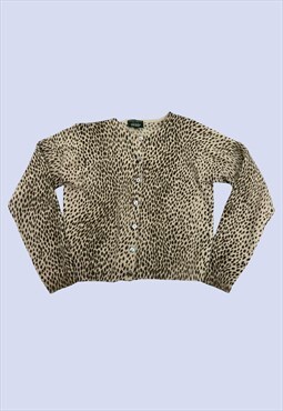 Cream Brown Spotted Animal Print Cotton Button Cardigan