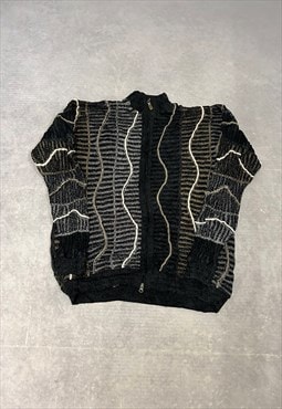 Vintage Abstract Knitted Cardigan 3D Patterned Zip Up Knit