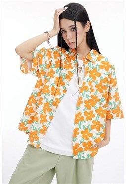 Flower print shirt Hawaii blossom top in orange