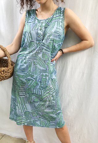 VINTAGE 70S ABSTRACT PRINT BOHEME PARISIAN CHIC MAXI DRESS