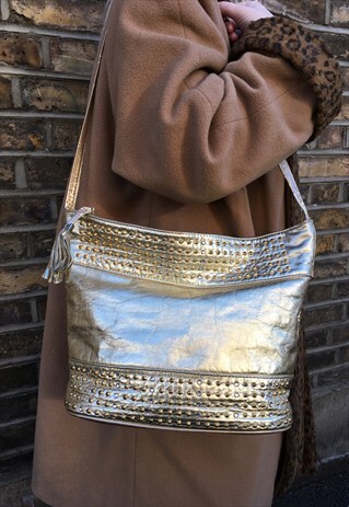 VINTAGE GOLD LEATHER BEJEWELLED HANDBAG