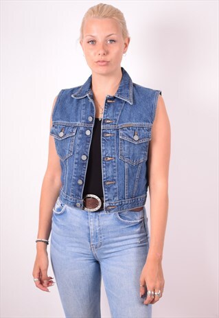 CALVIN KLEIN WOMENS VINTAGE DENIM GILET SMALL BLUE 90S