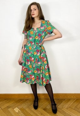 French Floral Dress, Cotton Short Sleeve Button Up Dress