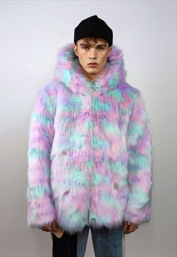 Hooded candy faux fur jacket unicorn bomber neon raver coat