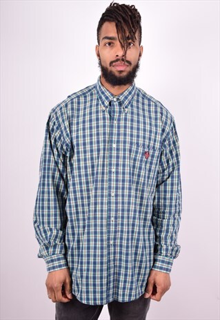 RALPH LAUREN MENS VINTAGE SHIRT LARGE BLUE CHECK 90'S