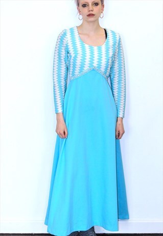 70S VINTAGE BLUE WHITE PROM EVENING MAXI LONG PARTY DRESS