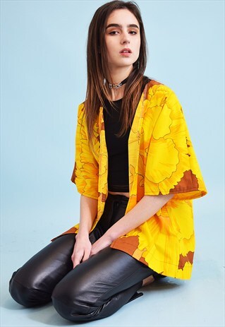 70'S RETRO BOHO ABSTRACT FLORAL PATTERN KIMONO JACKET