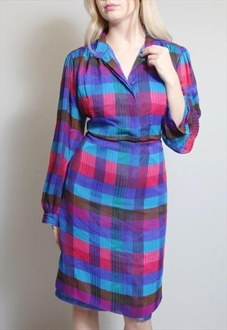 VINTAGE 1980'S FINK MODELL COLOURFUL CHECKED MIDI DRESS