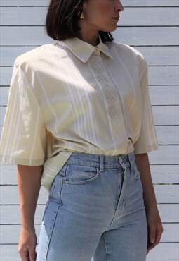 Vintage beige/white striped embroidered button up blouse