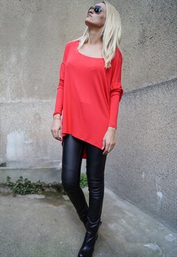 Red Drapped Top Maxi Tunic Asymmetric Blouse F1596