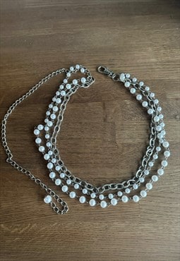 Vintage 90's Silver Metal White Pearl Bead Ladies Belt