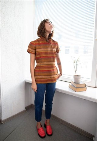 VINTAGE 70'S BROWN TEXTURED CHINESE STYLE TOP