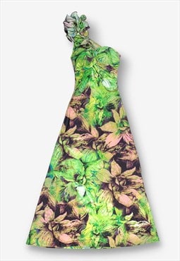 Y2K One Shoulder Patterned Maxi Dress Green Small BV21767