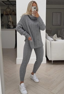 Roll Neck Cable Knit Leggings Set in Grey