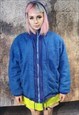 Bright hooded fleece jacket hamburger slogan bomber in blue