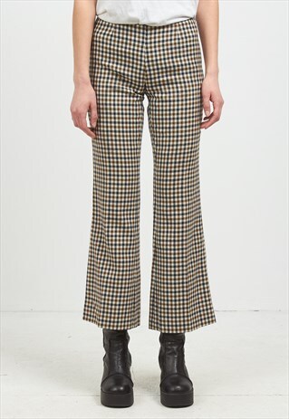 VINTAGE BROWN NAVY CHECKERED BOOT CUT TROUSERS BOTTOMS