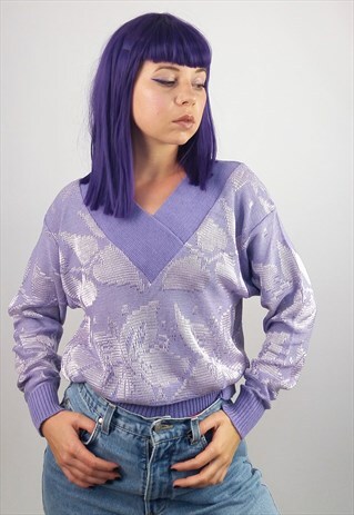 VINTAGE COTTON BLEND V-NECK SLOUCHY KNIT JUMPER IN PURPLE