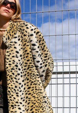Vintage 90's Oversize Leopard Pattern Faux Fur Coat Large 