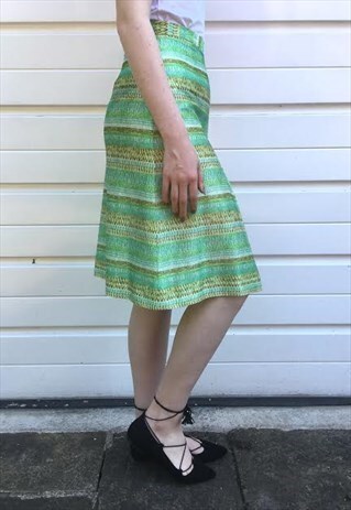 WOMENS VINTAGE 70S SKIRT GREEN HIGH WAIST MIDI PLEATED SKIRT