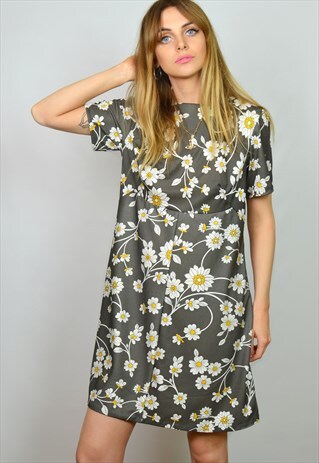 VINTAGE 70S BROWN, WHITE & YELLOW FLORAL MINI DRESS
