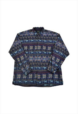 Vintage Fleece Shirt Jacket Retro Pattern Navy XL