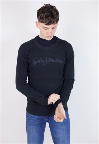 VINTAGE HARLEY DAVIDSON BLACK LONG-SLEEVE V-NECK T-SHIRT