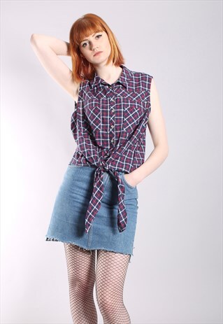 VINTAGE 90S WESTERN CHECK SLEEVELESS STUDDED TIE UP SHIRT
