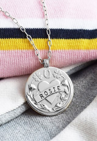 SILVER PERSONALISED NAME HEART AND ROSE COIN NECKLACE