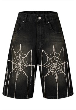 Spider shorts web embroidered denim pants in black