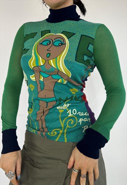 Vintage Y2k Custo Top Graphic Print Long Sleeves 90s Funky