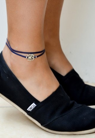 LOTUS WRAPPED ANKLET BLUE CORD ANKLE BRACELET SILVER CHARM