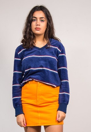 VINTAGE 90'S NAVY STRIPE V-NECK TOWELLING VELOUR JUMPER