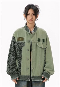 Leopard denim jacket green colour block animal print bomber