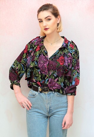 1980S VINTAGE PURPLE FLORAL VISCOSE BLOUSE