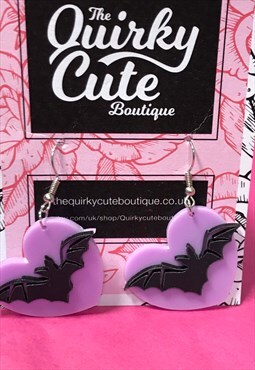 Purple Acrylic Bat Heart Earrings