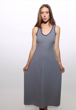 VINTAGE 1970'S 70'S BLUE WHITE CHEVRON STRIPE MAXI DRESS S-M