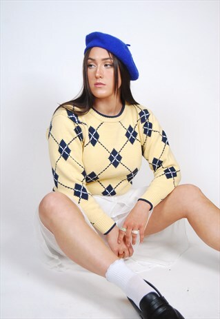 VINTAGE ARGYLE SWEATER (S) VINTAGE PASTEL JUMPER GOLF PREP