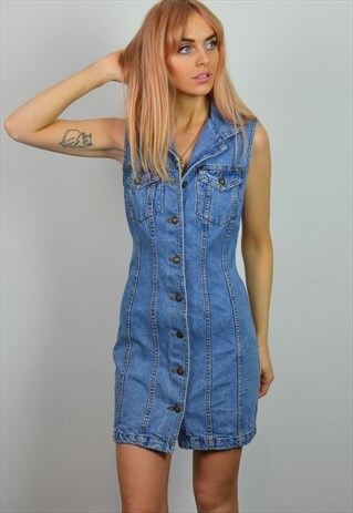 VINTAGE 90S BLUE DENIM BUTTON THROUGH MINI DRESS