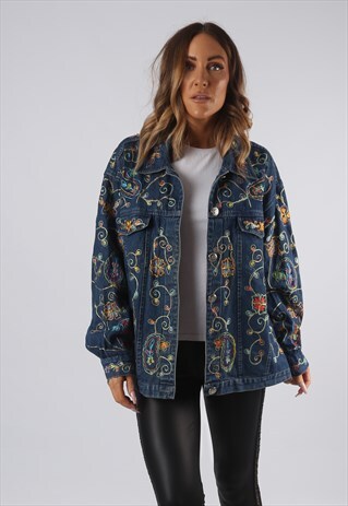 VINTAGE DENIM JACKET OVERSIZED EMBROIDERED UK 18 XXL (QDD)