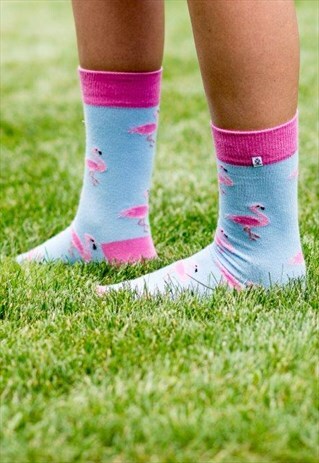 LIGHT BLUE FUNNY SOCKS WITH PINK FLAMINGO