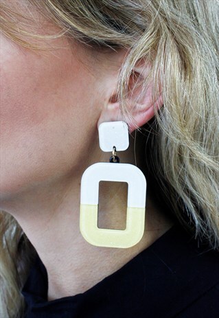 LARGE WHITE YELLOW RECTANGLE ACRYLIC DROP DANGLE EARRINGS