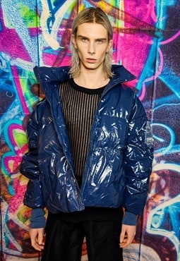 Shiny plastic crop bomber quilted retro puffer jacket blue