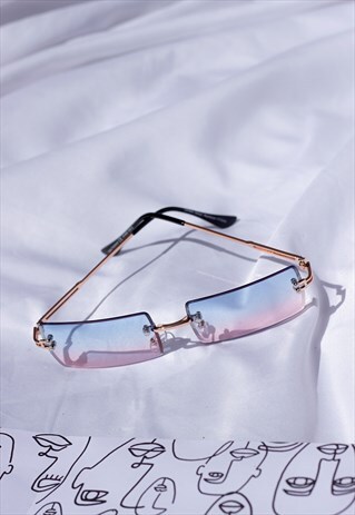 BLUE AND PINK RIMLESS RECTANGLE COLOUR TINT SUNGLASSES