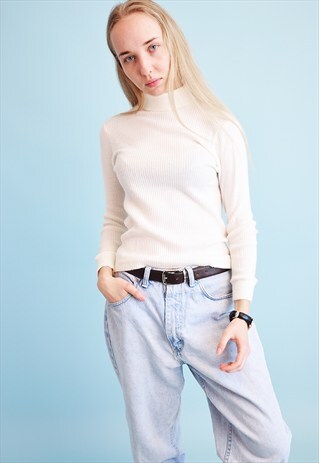 80'S RETRO NEUTRAL KNIT TURTLENECK TEEN RIBBED JUMPER TOP