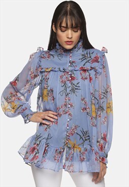IS.U Blue floral printed full sleeve ruffle top
