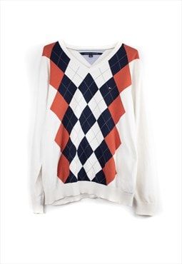 Vintage Argyle Tommy Hilfiger Jumper in White XL