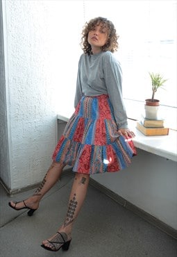 Vtg Multicolour Patterned Patches Style Midi Cotton Skirt