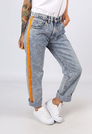 HIGH WAISTED SIDE STRIPE REWORKED JEANS TAPERED UK 14 (B31Z)