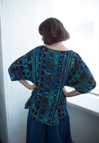 VINTAGE 80'S PATTERNED BLUE BLOUSE