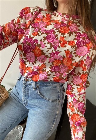 VINTAGE 60S FLORAL MOD ABSTRACT BLOUSE TOP TUNIC